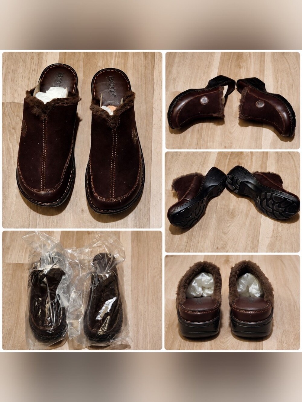 New (Without A Box) Børn brown suede and leather clogs with a faux fur.